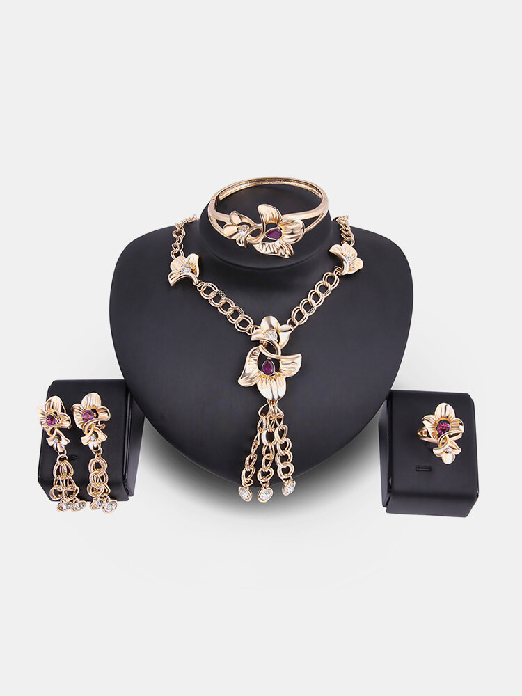 Luxury Flower Tassels 18K Gold Plated Chain Cryastal Bridal Jewelry Sets Gift for Women 