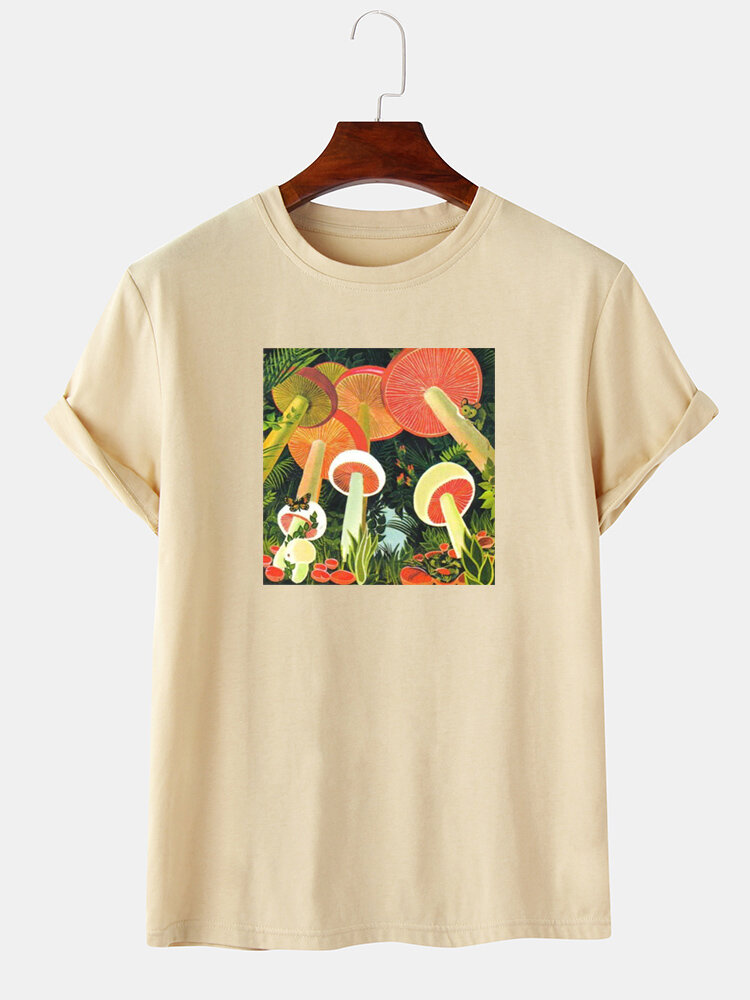 Mens Cartoon Mushroom Print Short Sleeve Preppy T-Shirt