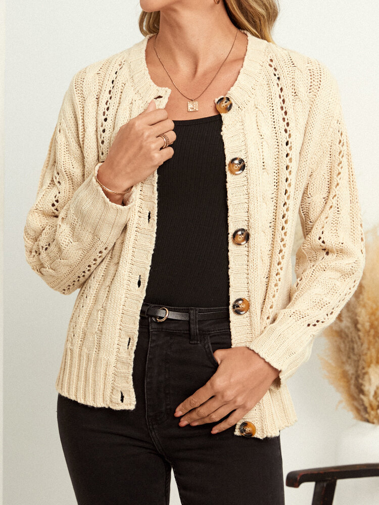 Solid Cable Hollow Button Long Sleeve Women Cardigan