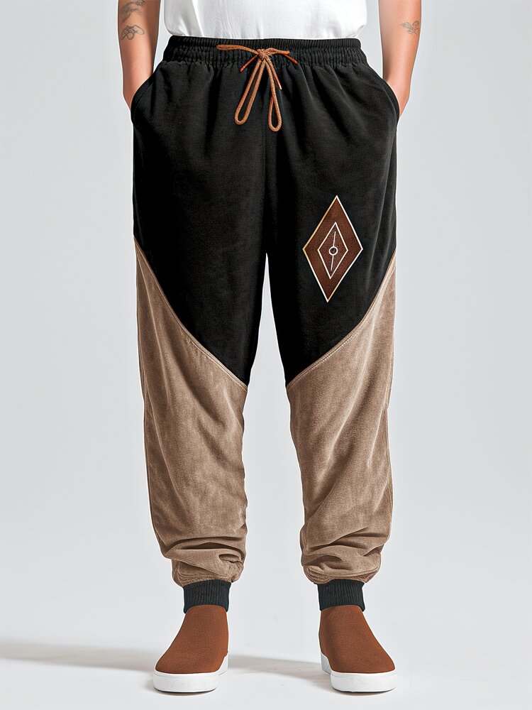Masculino vintage estampa geométrica patchwork solto com cordão na cintura Calças