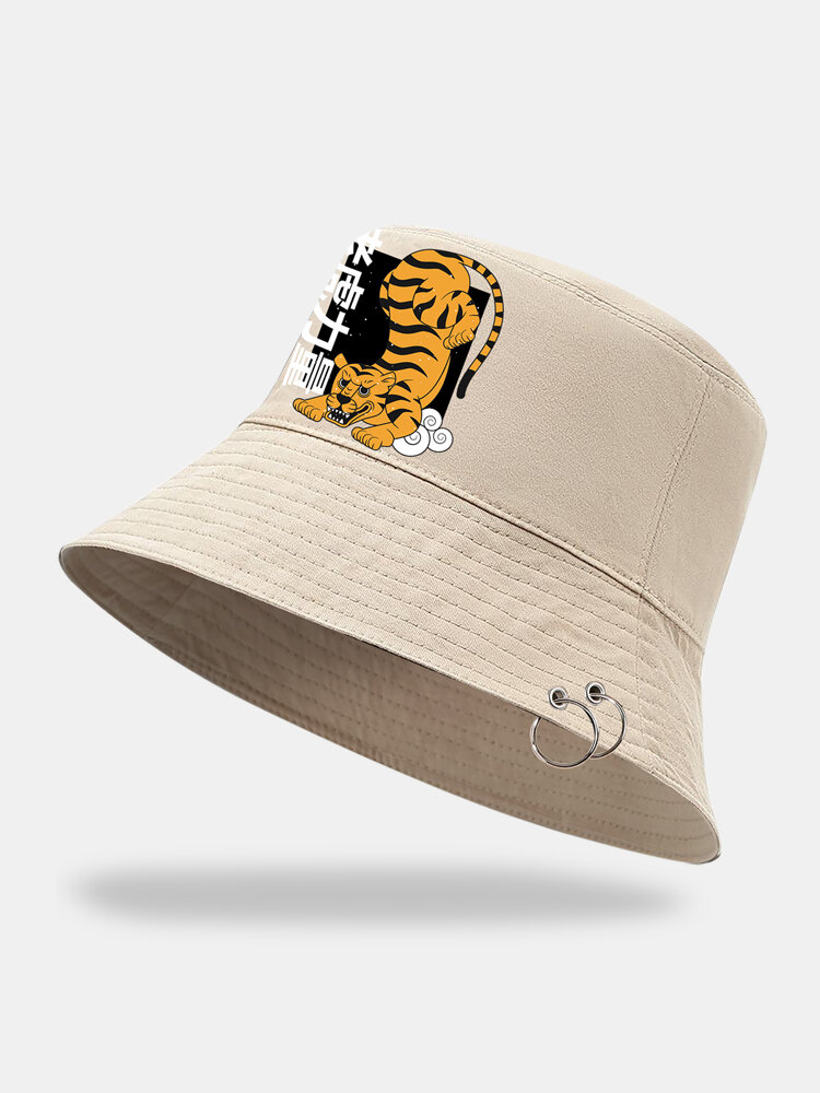 

Unisex Cotton Fashion Cool Tiger Chinese Characters Print Outdoor Sunshade Ring Decor Bucket Hat, Beige