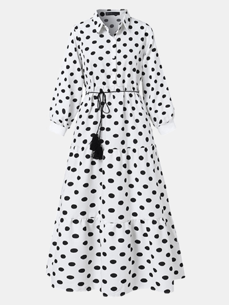 Dot Print Lapel Long Sleeve Knotted Plus Size Ruffle Dress for Women
