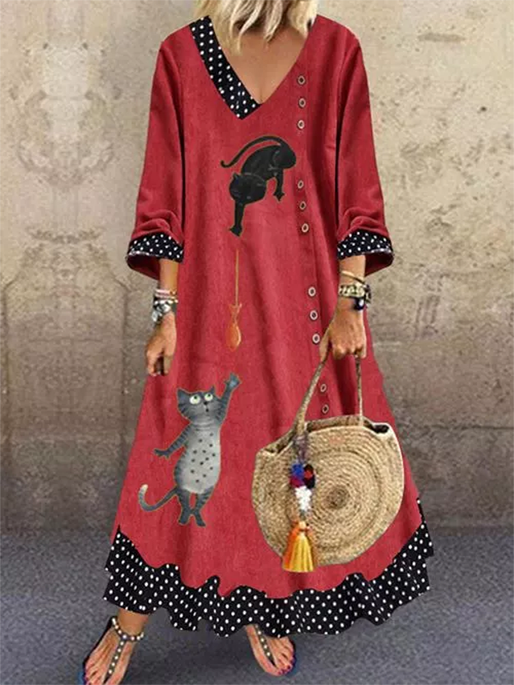 Cats Fish Print Dot Patchwork Long Sleeve V-neck Vintage Plus Size Dress