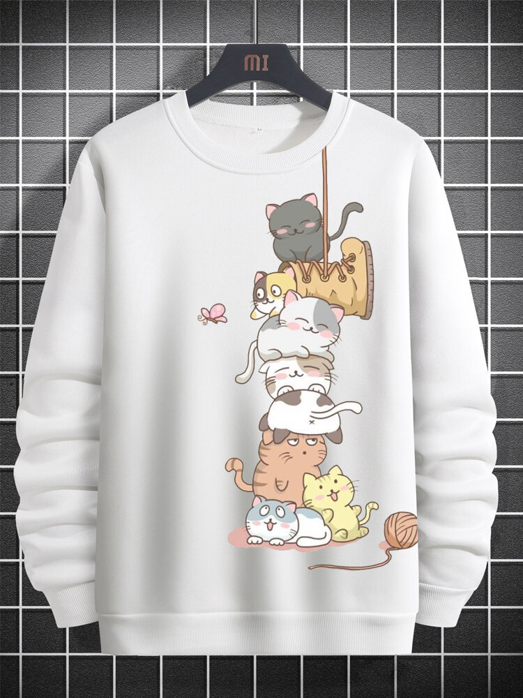 Mens Cute Cartoon Cat Print Crew Neck Casual Pullover Sweatshirts Winter