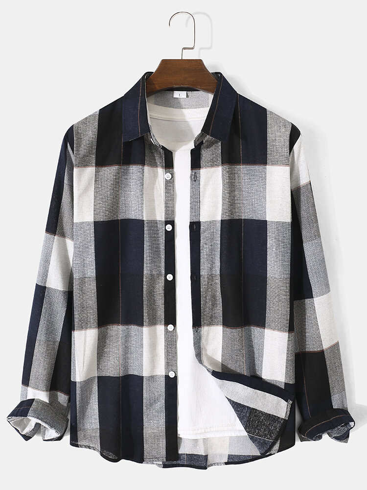 Mens Vintage Check Plaid Button Front Casual Long Sleeve Shirts