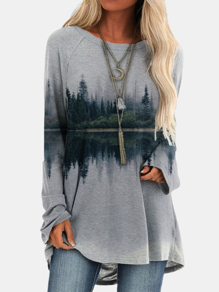 Landscape Printed Long Sleeve O-neck Asymmetrical T-shirt For Women