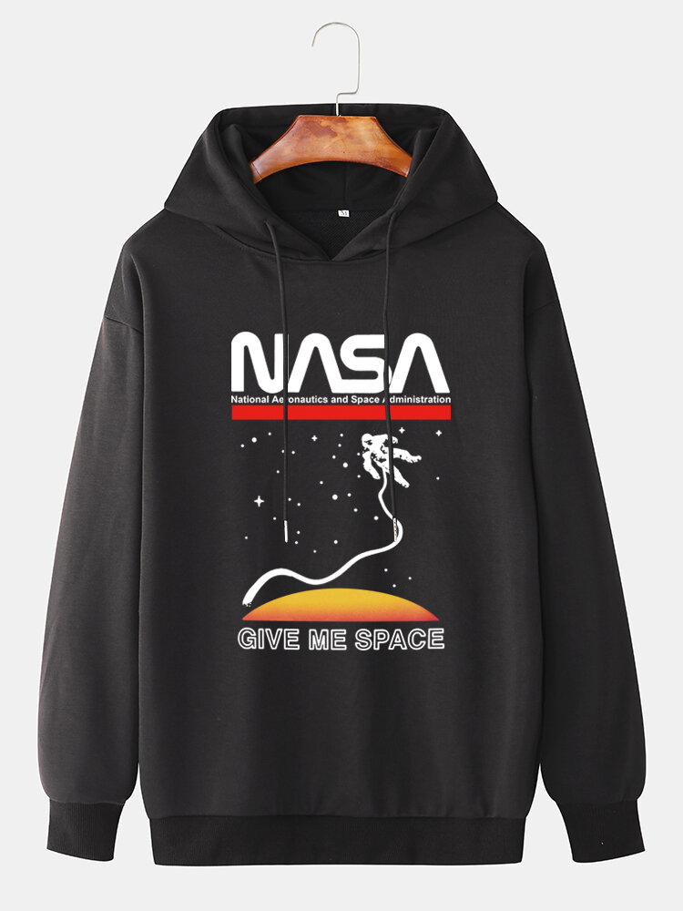 Mens Give Me Space Astronaut Print Loose Drawstring Pullover Hoodie