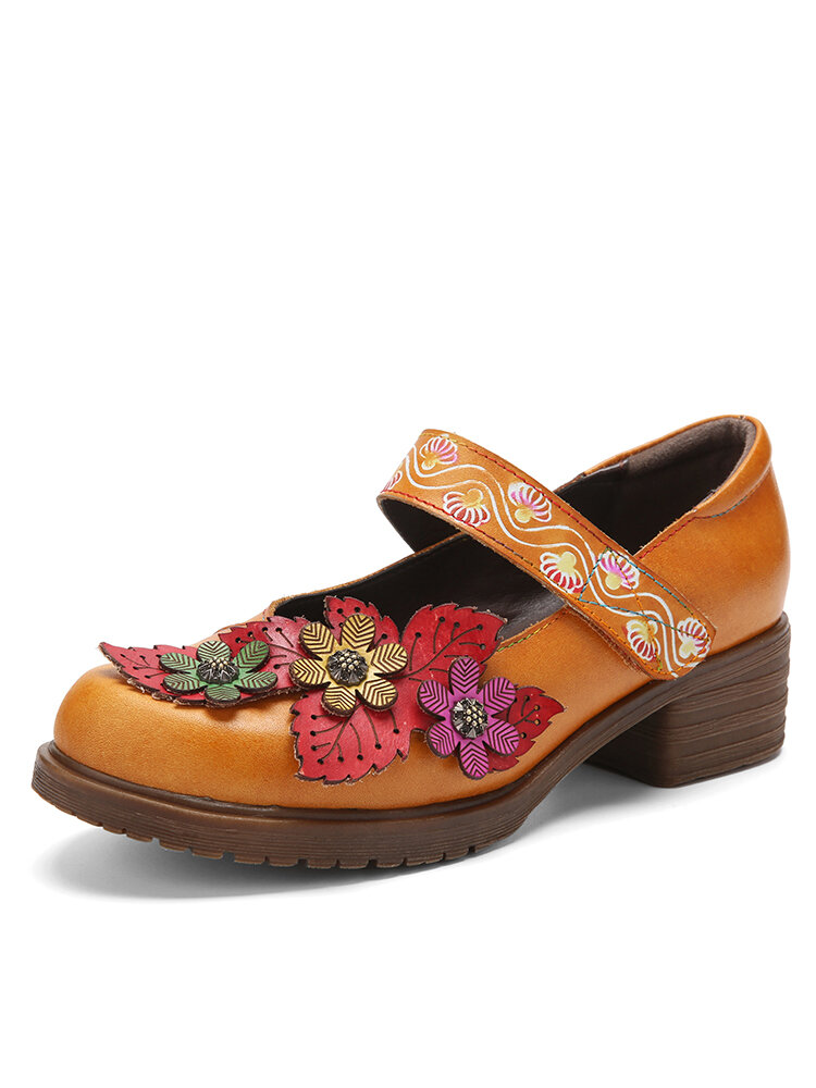 

Socofy Genuine Leather Hook & Loop Comfy Retro Ethnic Floral Decor Mary Jane Heels, Camel
