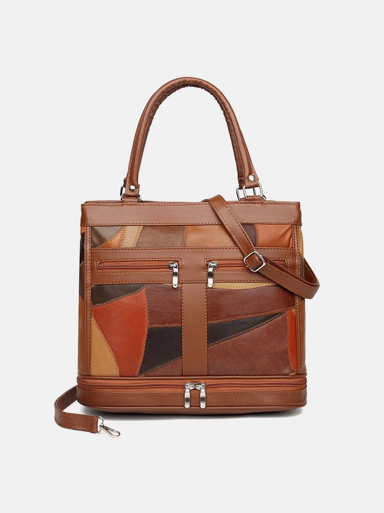 Vintage Genuine Leather Upper And Lower Zipper Color Block Design Crossbody Bag Handbag