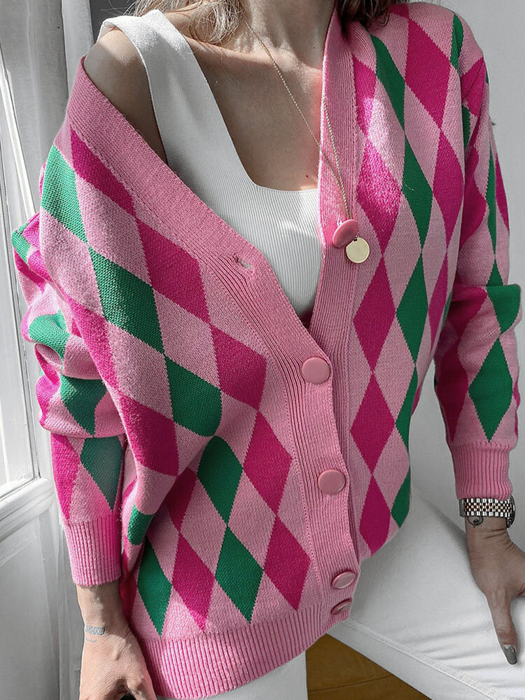 

Argyle Pattern Button V-neck Long Sleeve Knit Cardigan, Khaki;rose
