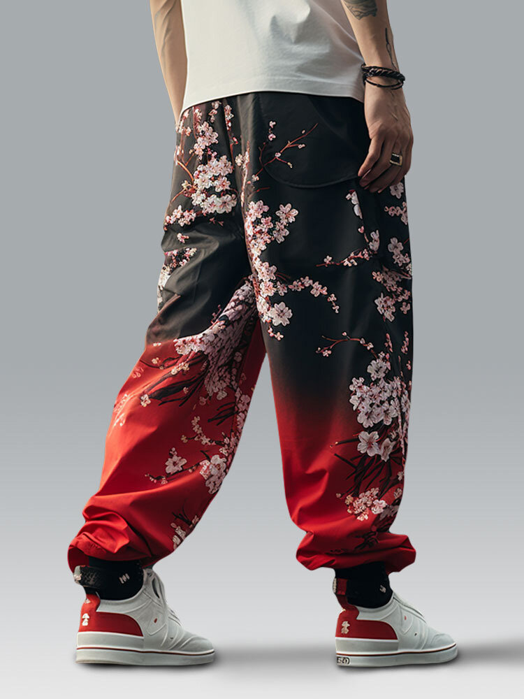 Mens Japanese Cherry Blossoms Ombre Print Loose Pants