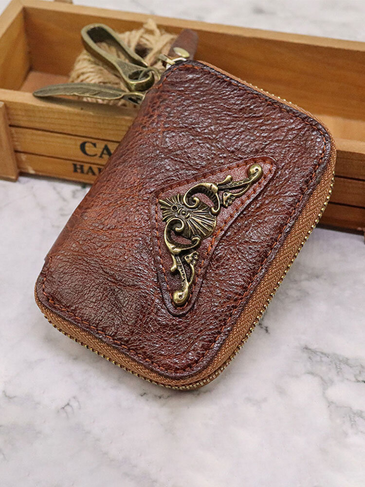 Men Genuine Leather Vintage Light Weight Key Bag Durable Interior Key Chain Holder Card Wallet