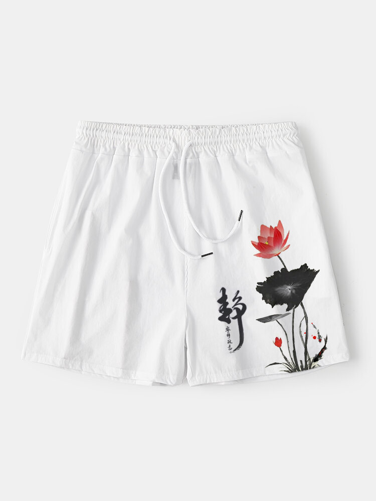 Mens Chinese Ink Lotus Print Cotton Drawstring Waist Shorts
