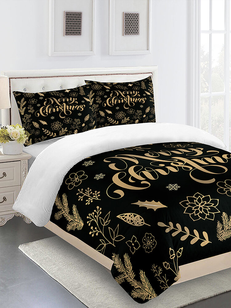 3PCs Polyester Fiber Festival Christmas Golden Letter Floral Pattern Bedding Sets Quilt Cover Pillowcase
