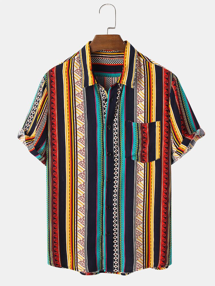 Mens Vintage Striped Print Ethnic Style Short Sleeve Holiday Shirt