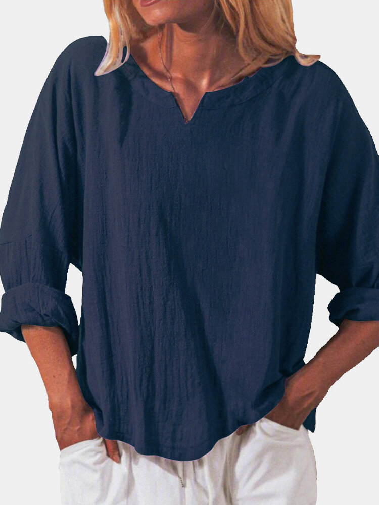 Solid Color Cotton V-neck Loose Long Sleeve Casual Blouse for Women