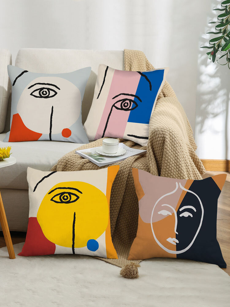 4PCS Morandi Color Abstract Pattern Line Female Figure Printing Short Plush Pillowcase Home Decor Sofa Living Room Car T