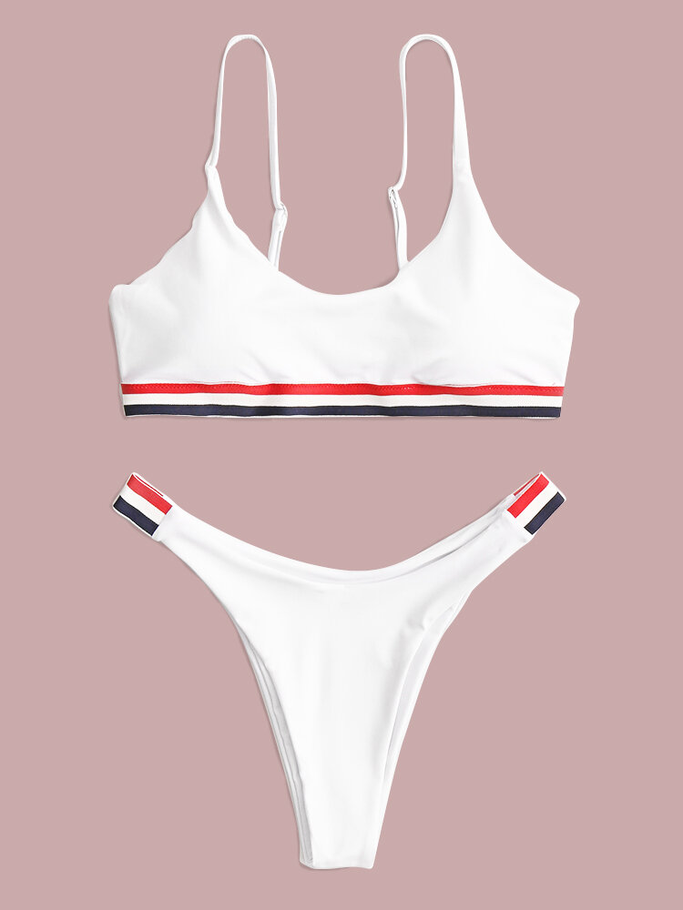 Women Thong Bikinis Solid Striped Trim Swimwear