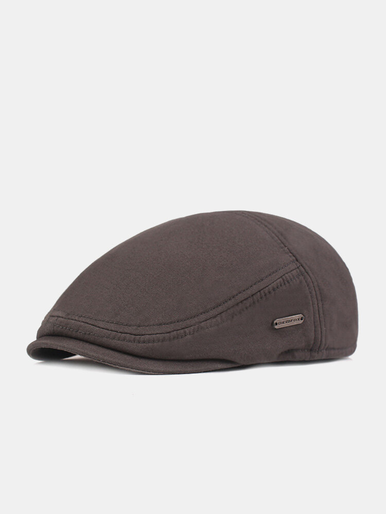 Men Cotton Plus Velvet Thickened Built-in Ear Protection Solid Letters Metal Label Warmth Casual Forward Hat Newsboy Cap
