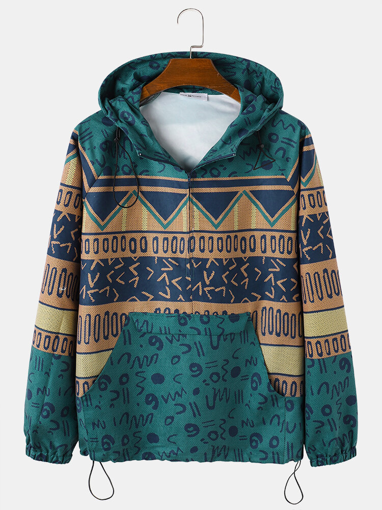 Mens Tribal Pattern Ethnic Style Zipper Hoodie Portable Windbreaker Jacket