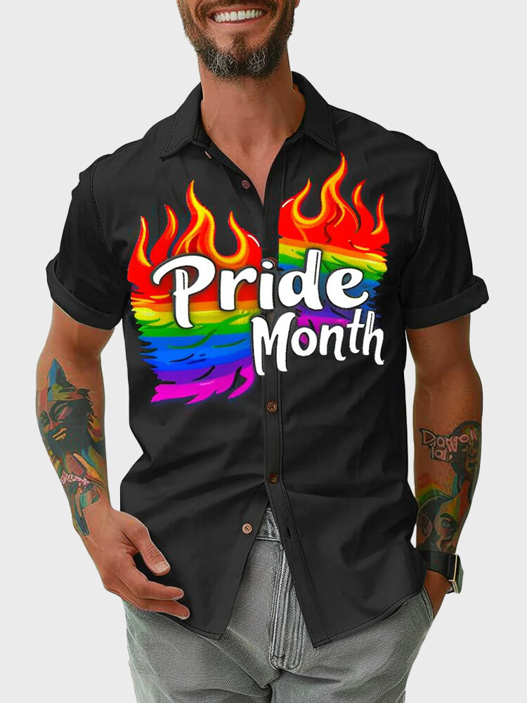 Camisas de manga corta con estampado de letras para hombre Colorful Flame