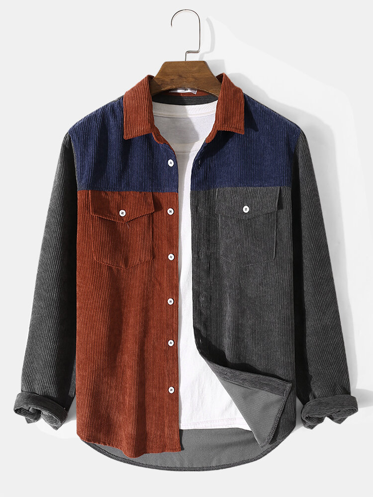 

Mens Colorblock Stitching Flap Pocket Corduroy Long Sleeve Shirts, Gray