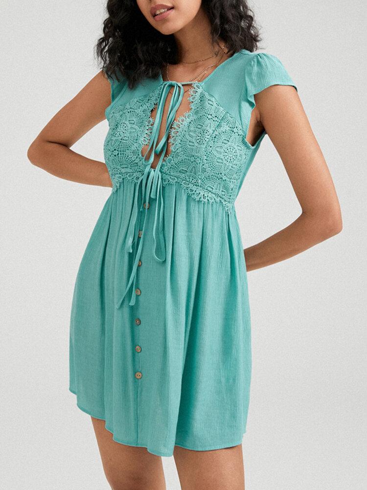 Solid Lace Stitch Cap Sleeve Button Deep V-neck Tie Front Dress