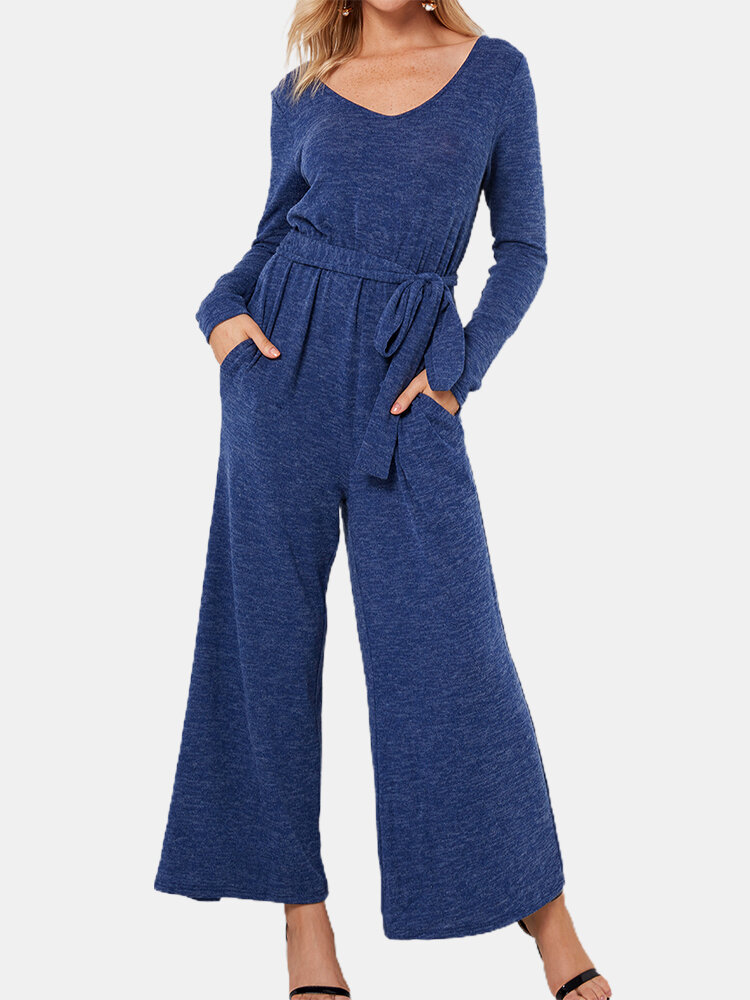 Solid Color Pocket Waistband Long Sleeve Casual Jumpsuit for Women