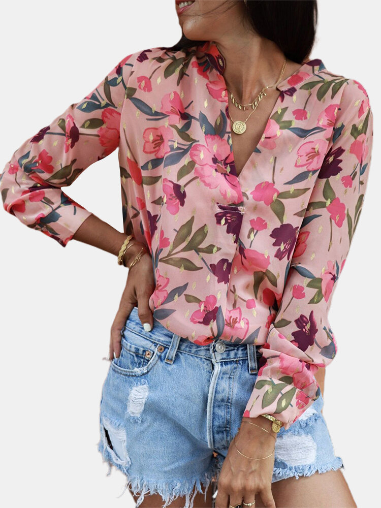 V-neck Floral Print Long Sleeve Vintage Shirt For Women