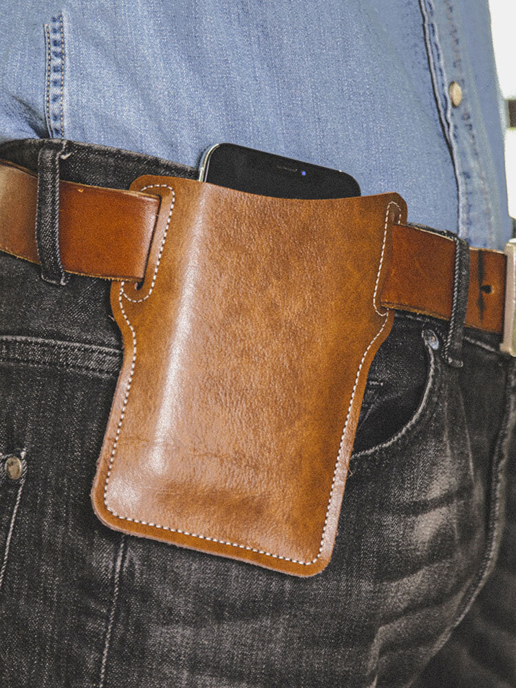Men EDC Genuine Leather 6.3 Inch Phone Holder Case Waist Belt Bag