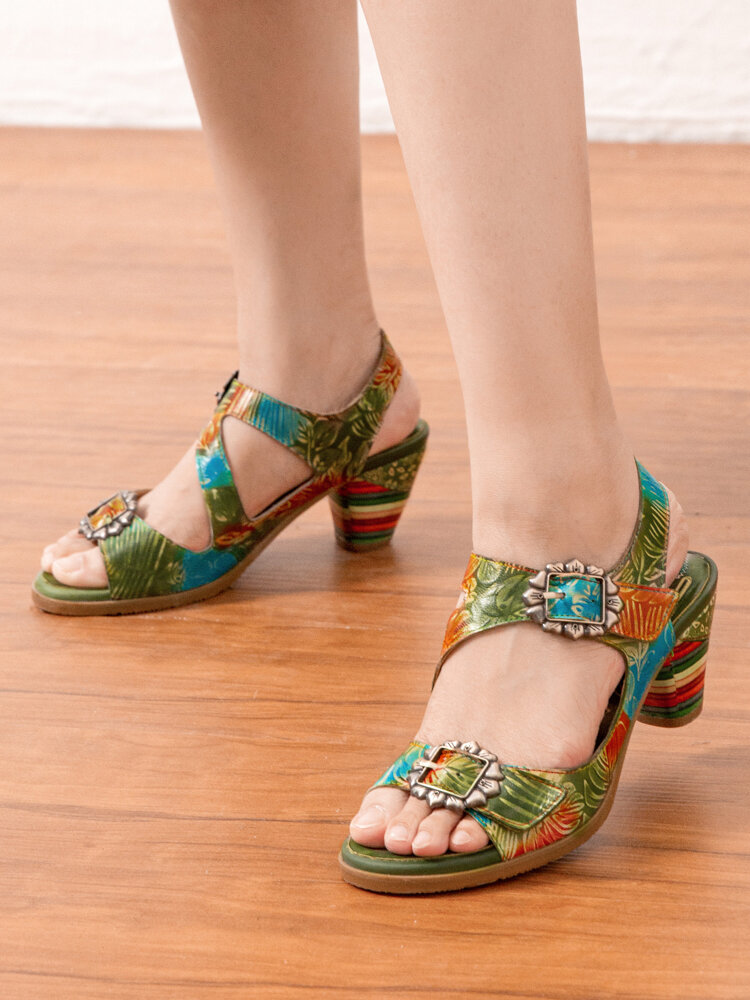 Socofy Genuine Leather Comfy Summer Vacation Bohemian Ethnic Floral Buckle Decor Hook & Loop Heeled Sandals
