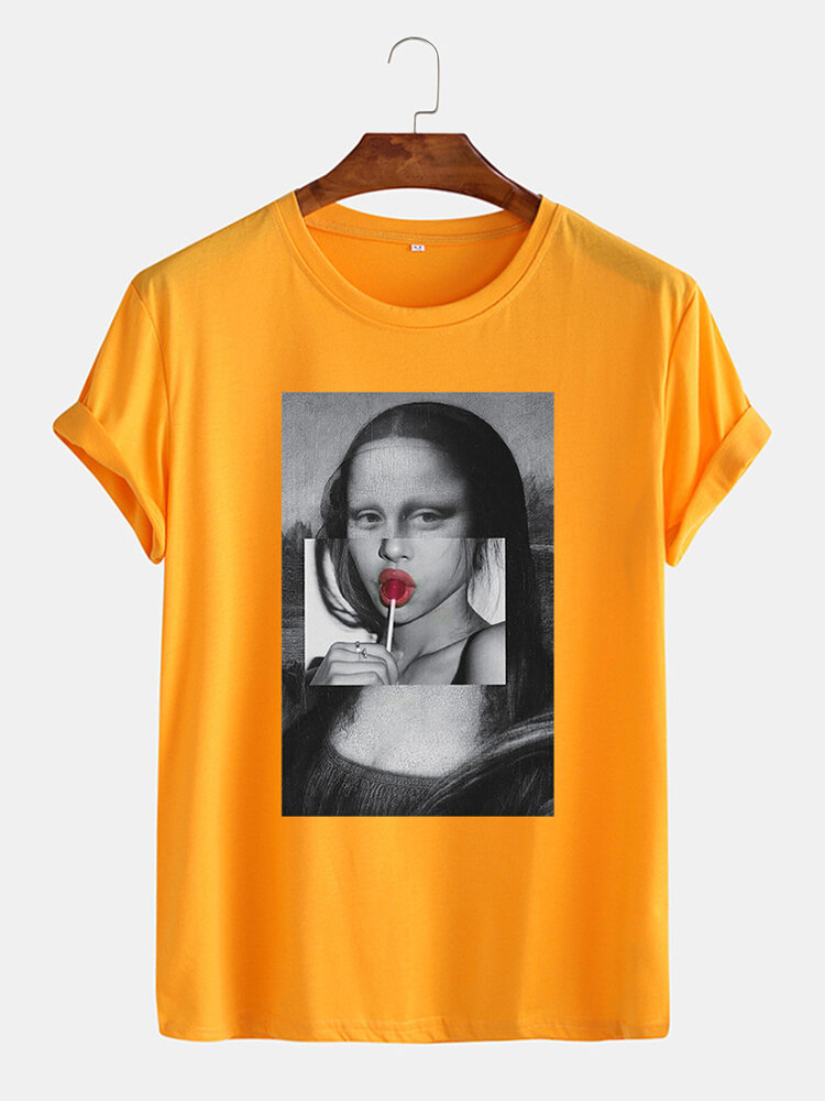 Mens Lollipop Fun Kuso Mona Lisa Oil Print O-neck T-Shirts