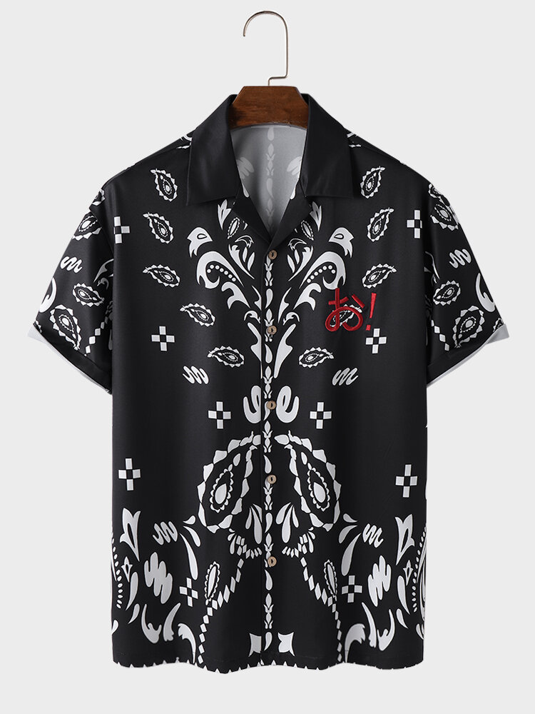 Camisas de manga corta con cuello de reverencia bordado con estampado étnico de Paisley para hombre