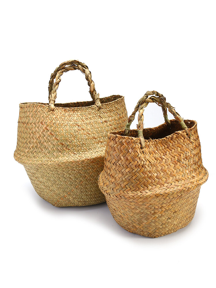 2Pcs Seagrass Flower Belly Basket Storage Holder Plant Pot Laundry Folding Portable Organizer Bag