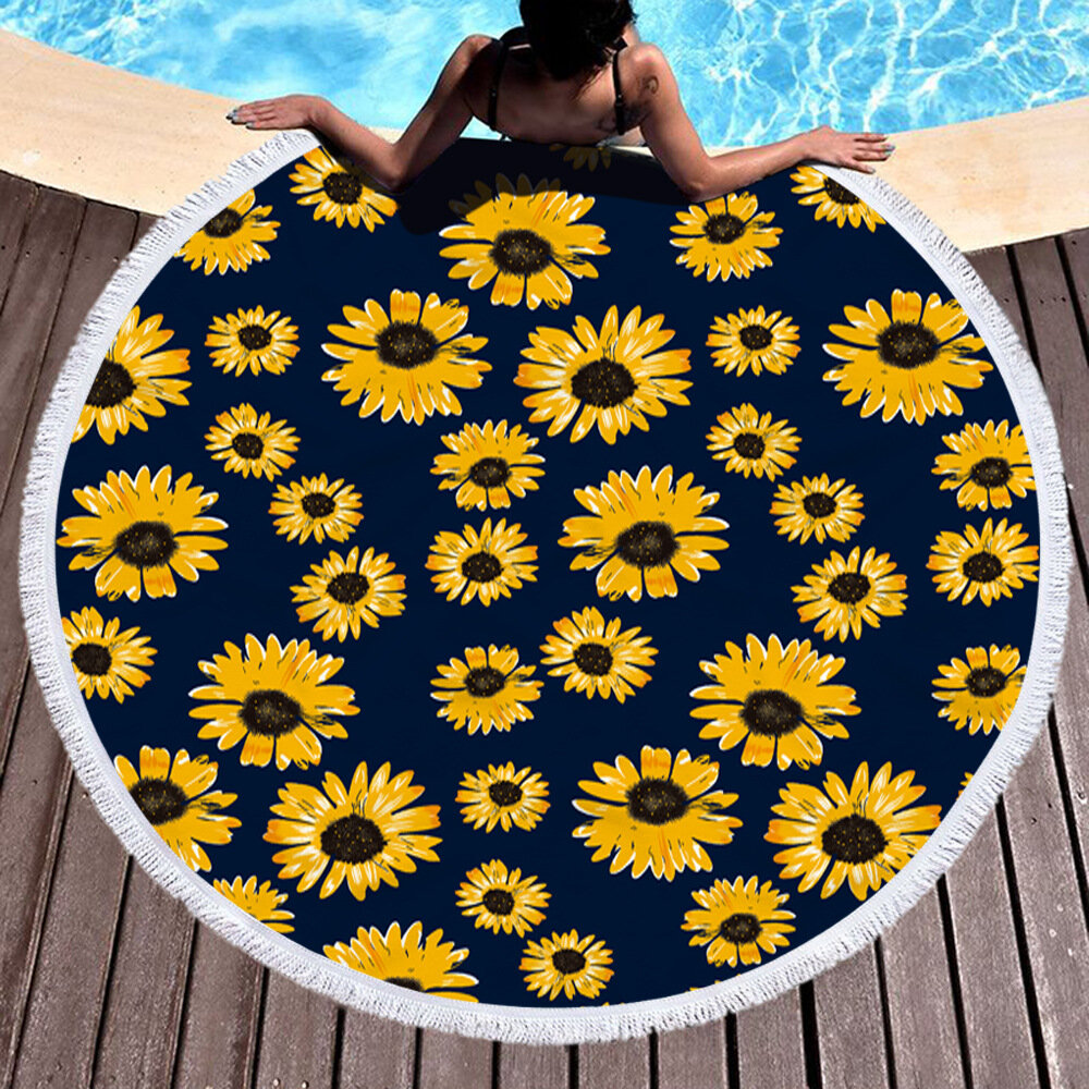 

Daisy Sunflower Round Beach Towel Blanket Hawaii Hawaiian Tropical Large Microfiber Terry Beach Roundie Palm Circle Picn