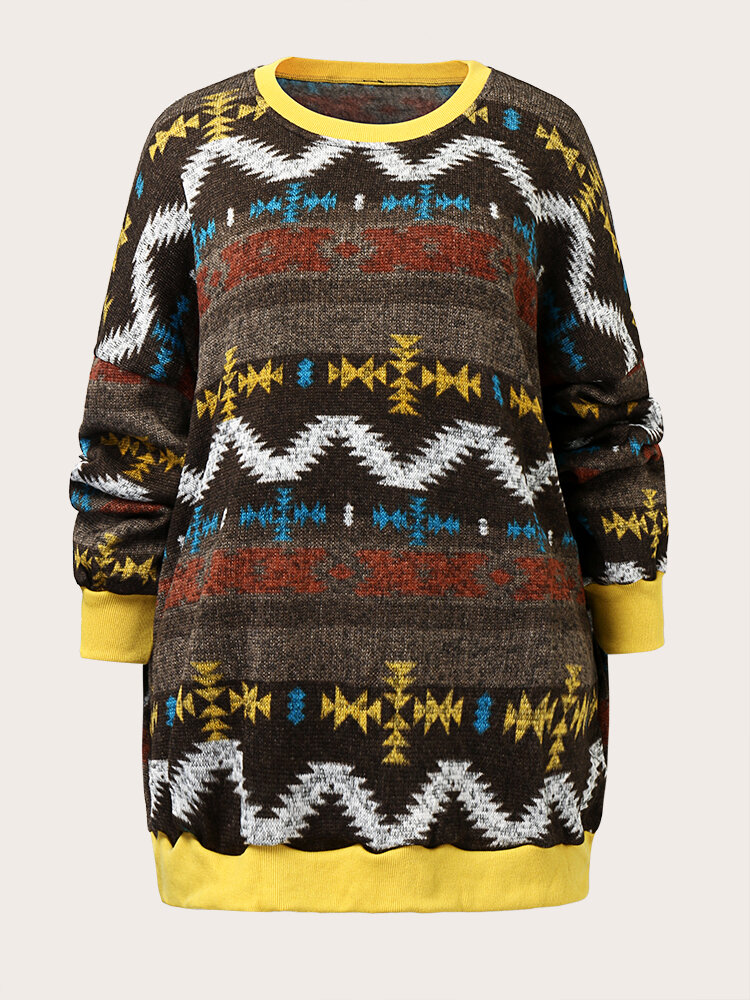 Plus Size Vintage Tribal Print Patchwork O-neck Loose Sweater