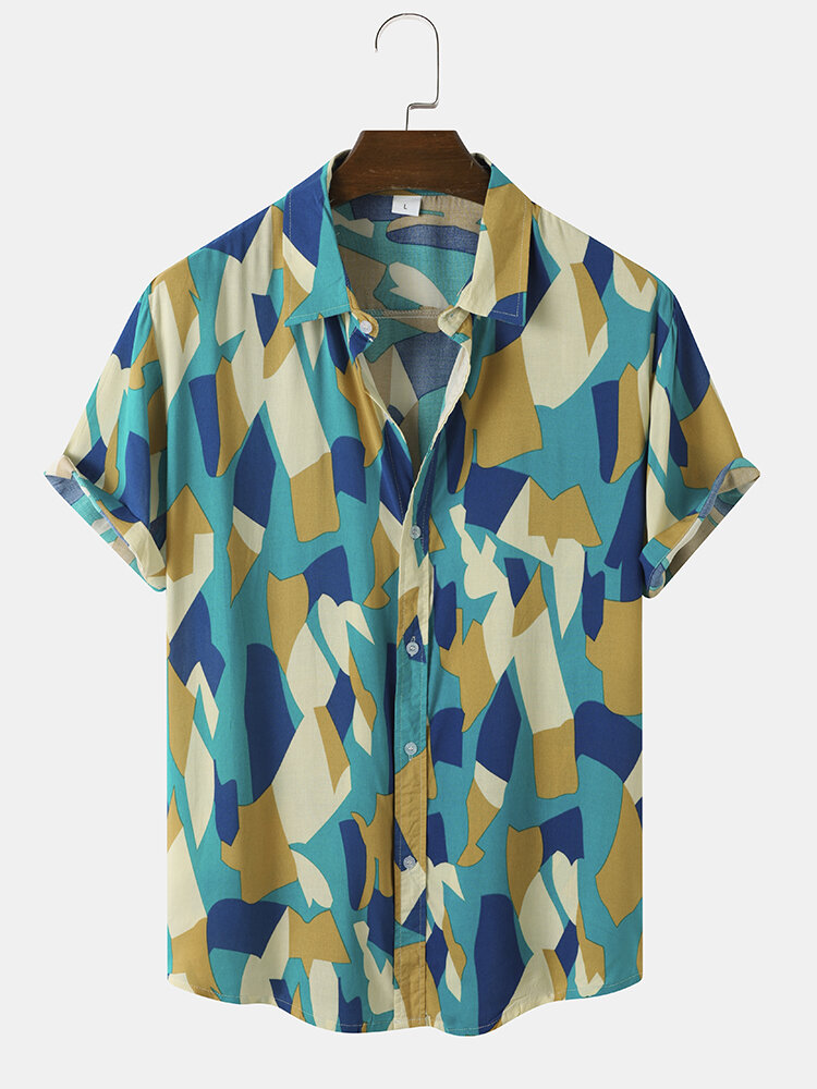 Mens Irregular Geometric Print Lapel Street Short Sleeve Shirts