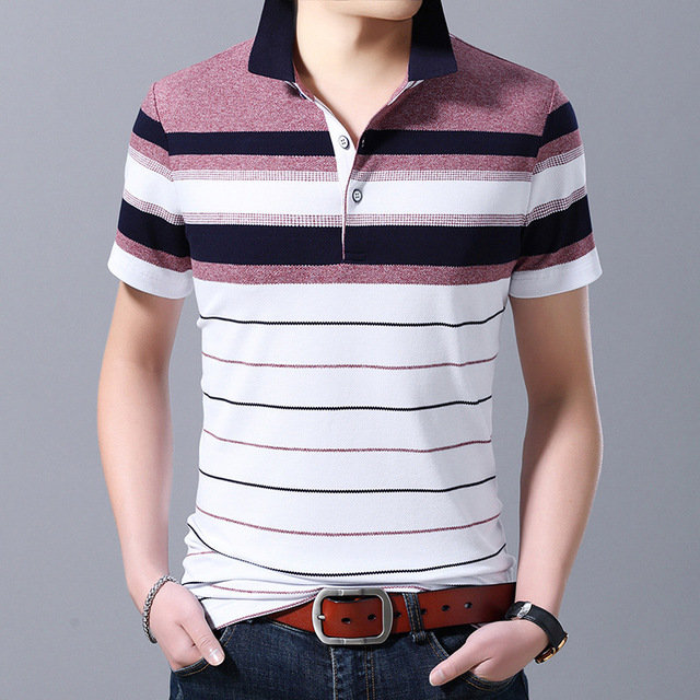  Men's Short-sleeved T-shirt Striped Shirt Collar Half-sleeved T-shirt Casual Shirt