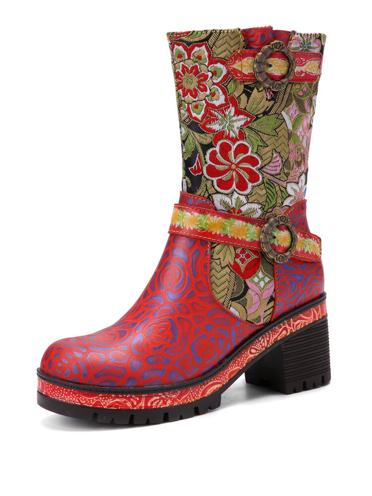 Socofy Retro Exquisite Calico Embroidery Leather Patchwork Buckle Design Side Zipper Chunky Heel Comfy Non-slip Mid Calf Boots