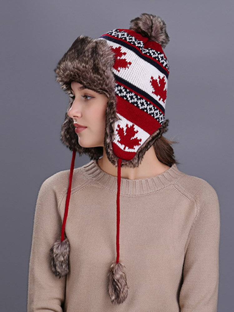 Women Maple Leaf Earmuffs Plush Lei Feng Hat Winter Outdoor Ski Windproof Knitted Cap
