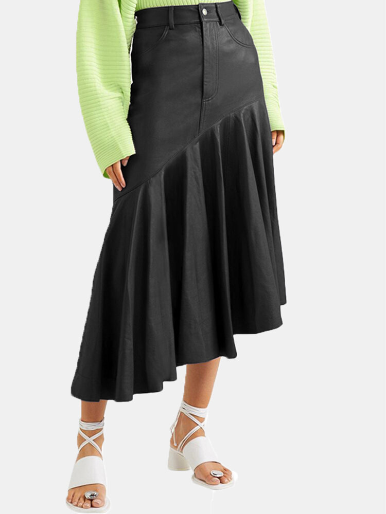 Solid Color Leather Asymmetrical Pleated Hem Casual Skirt for Women