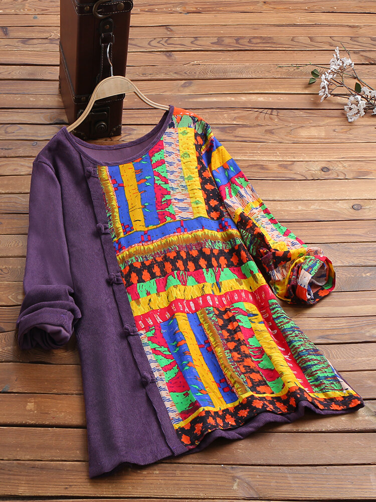 Corduroy Casual Patch Print Crew Neck Side Frog Button Long Sleeve Blouse