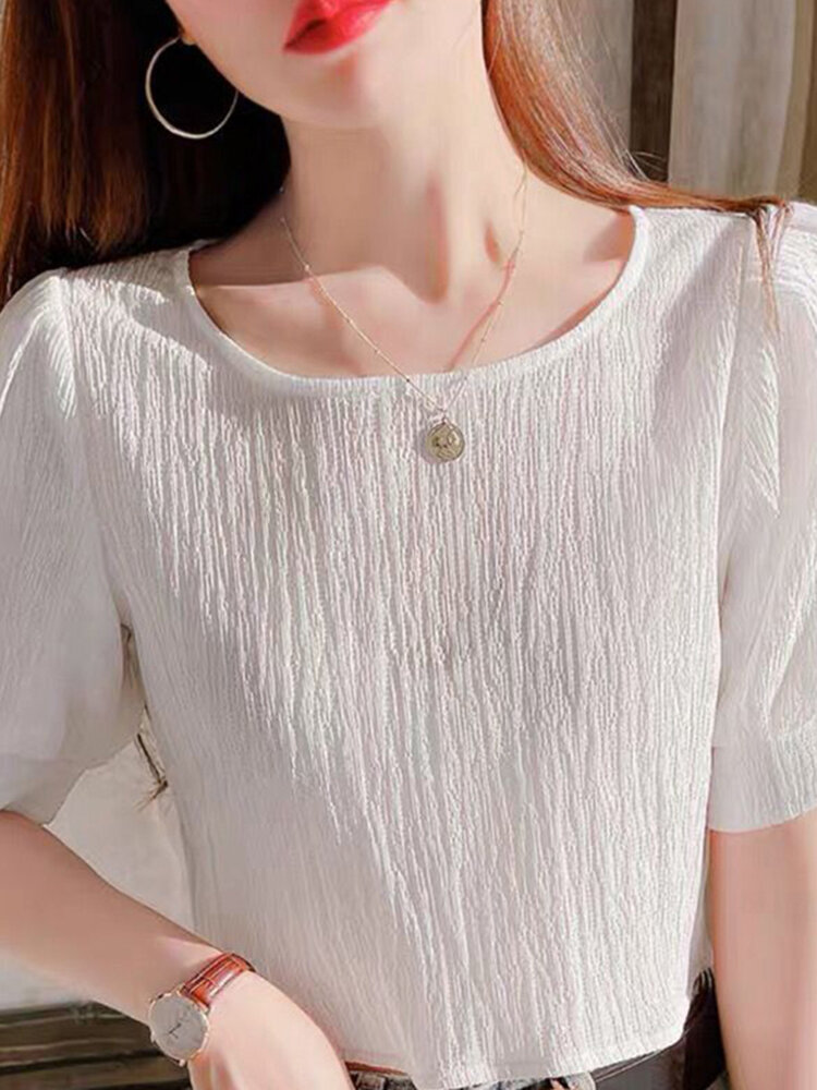 Solid Textured Short Sleeve Crew Neck Casual Blouse
