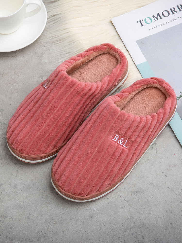 Plus Size Women Soft Comfy Striped Pattern Closed Toe Warm Fuzzy House Slippers