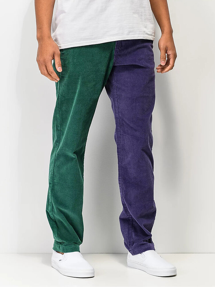 Mens Corduroy Contrast Patchwork Casual Zipper Fly Pants