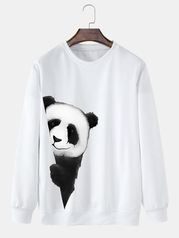 

Mens Cartoon Panda Side Print Crew Neck Pullover Sweatshirts Winter, White