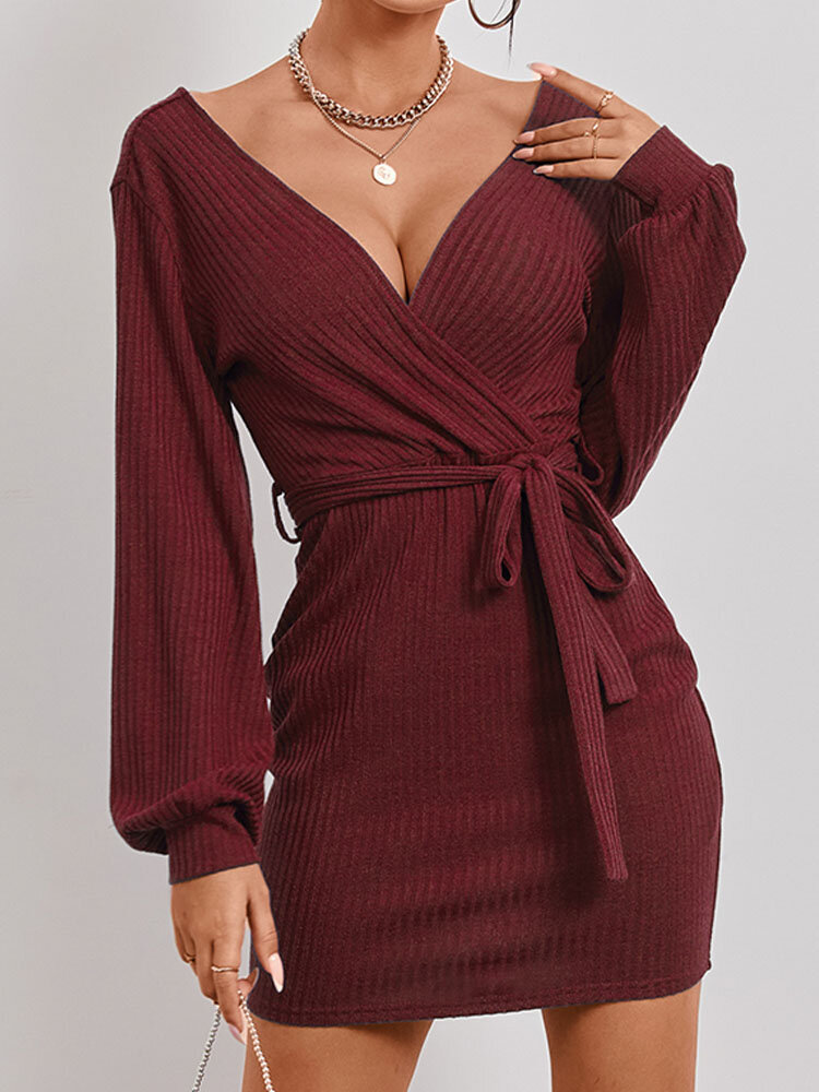 Solid Color Deep V-neck Knotted Backless Sexy Dress For Women