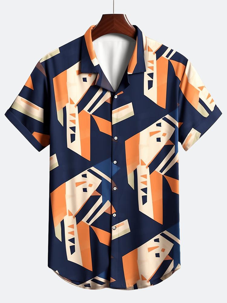 Mens Geometric Print Revere Collar Casual Short Sleeve Shirts