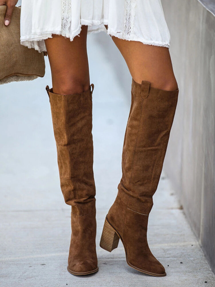Plus Size Women Fashion Solid Color High Chunky Heel Knee Boots