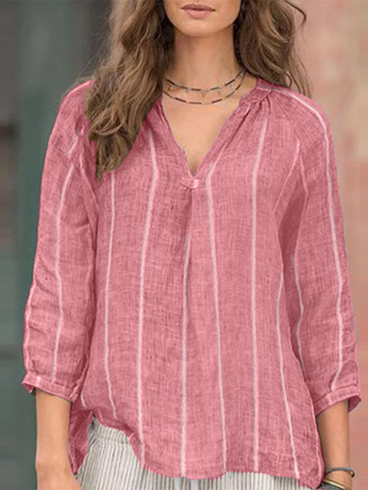 Женская полосатая повседневная блузка с v-образным вырезом и рукавами реглан